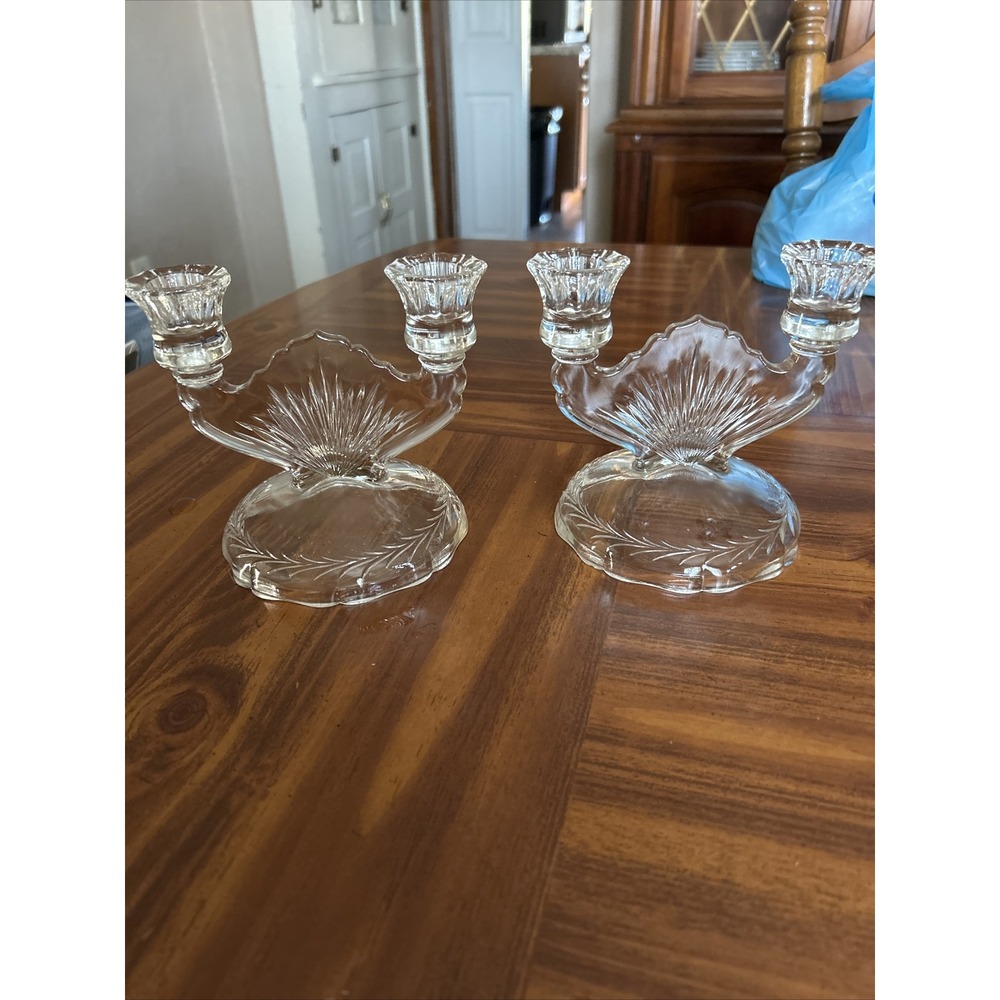 Pair Vintage Jeannette Glass Sunburst Herringbone Taper Candlestick Holder Clear